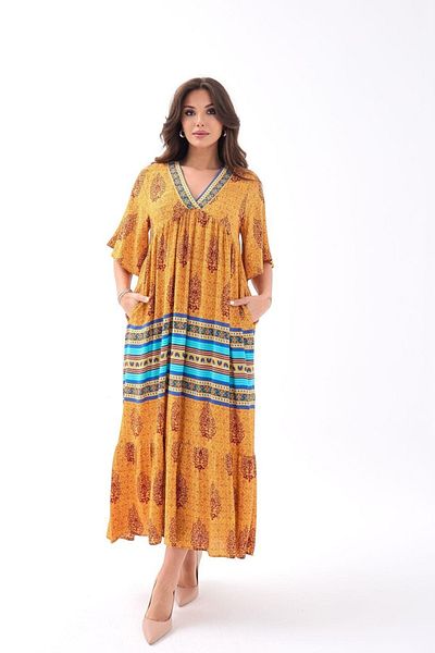 kalben outlet Ethnic Pattern V Neck Short Sleeve Relaxed Fit Women's Dress