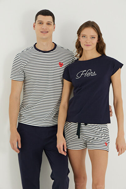 İPEKTENİM Смугастий міні-серцевий принт з бією Деталізований чоловічий комплект піжами для пари