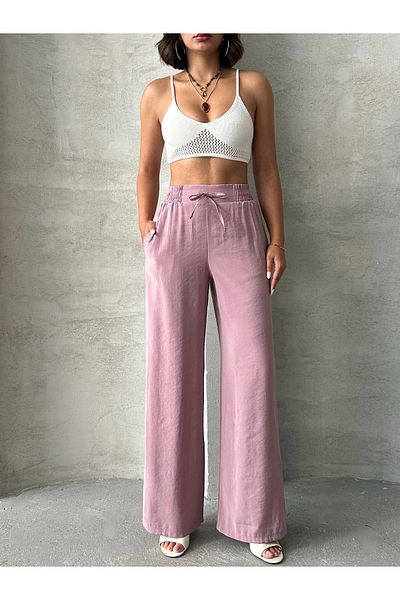 Miss Prova Wide Leg Draped Summer Pants with Waist Tie and Waist Elastic Misspnt2659