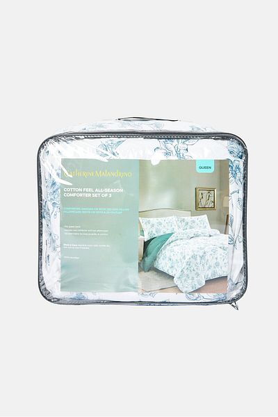 Catherine Malandrino Queen 3Pcs Floral Print Cotton Feel All-Season Comforter Set, Blue