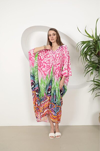 EL jadida Women's Plus Size Oversize Ring Detailed Viscose Long Dress Fuchsia