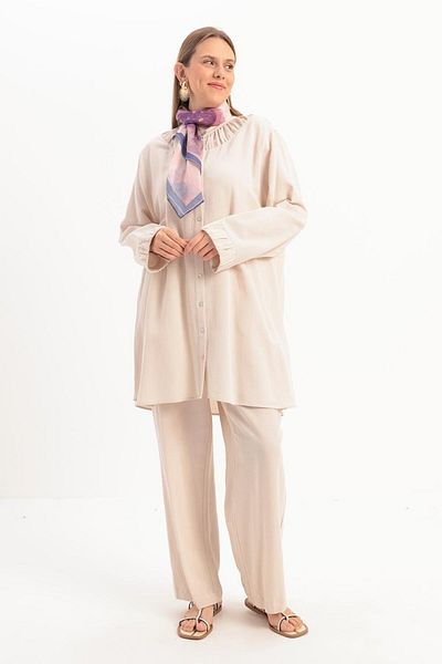 ALLDAY Large Size Linen Trousers Suit with Stone-Crew Detail