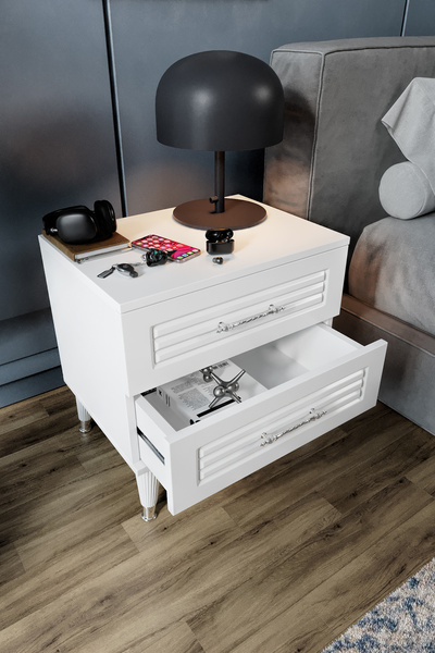 mapahomeliving Panjurlu 2 Çekmeceli Komodin PNJ5002 Beyaz Gümüş