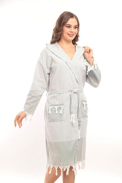 Lio20 Unisex Hürrem Tassel Model Bathroom-Pool-Sea-Beach Cotton Bathrobe-Grey