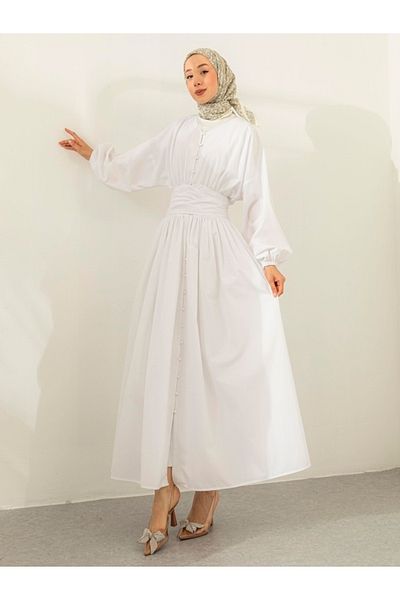 Limbamba White Dress with Buttoned Waist Detail