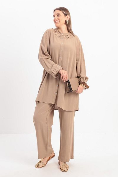 ALLDAY Mink-Gather Detailed Large Size Linen Trousers Suit