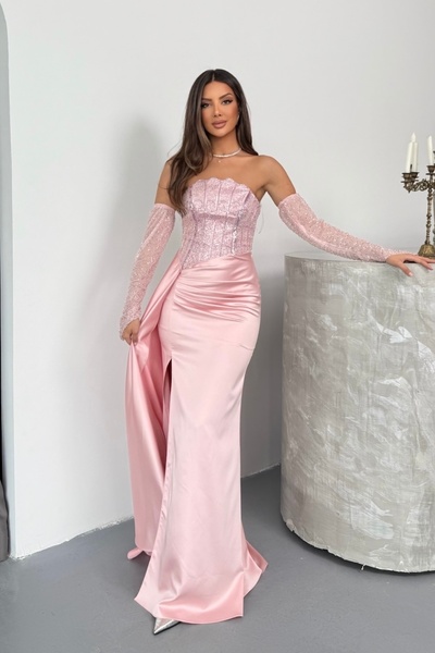 İyem Abiye Kol Ve Üst Detaylı Allerli Saten Şık Tasarım Abiye Elbise Tam Kalıp