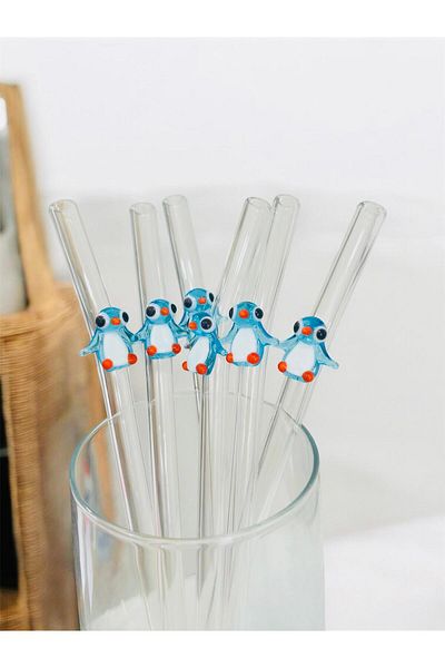 Arsglass Glass Straws Transparent Penguin Figured Set of 6 Straws