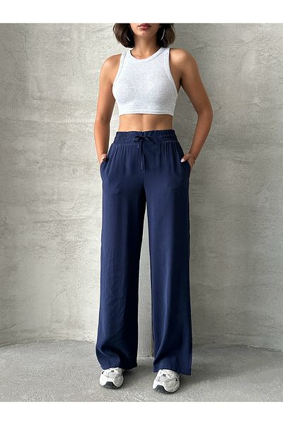 Miss Prova Wide Leg Draped Summer Pants with Waist Tie and Waist Elastic Misspnt2659