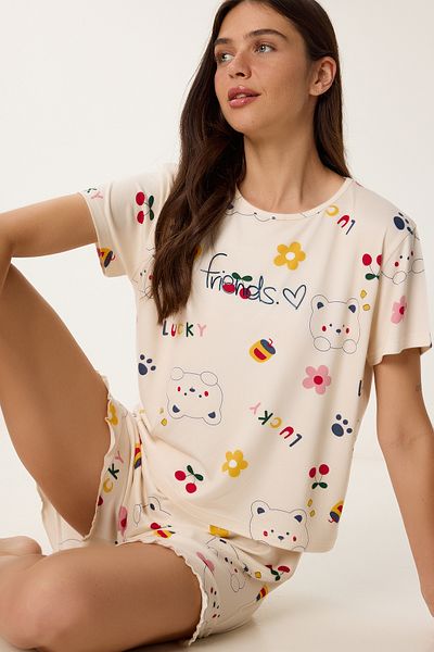 Lovelyİstanbul Set pijamale tricotate cu model cu pantaloni scurți CREAM LPQ0009