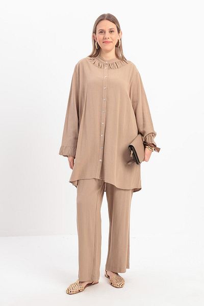 ALLDAY Mink-Gather Detailed Large Size Linen Trousers Suit