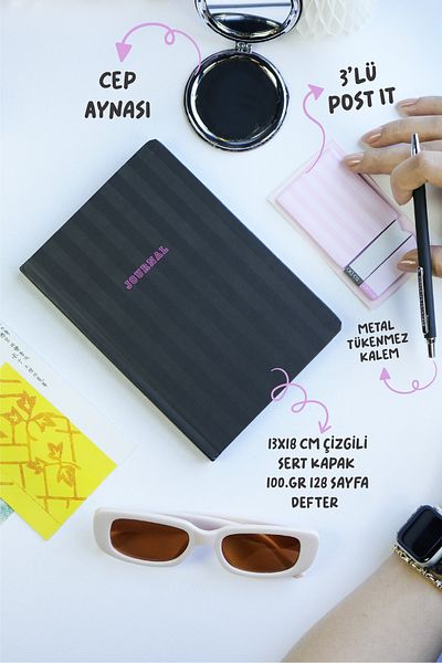 Victoria's Journals Boxed Set, Hard Cover Notebook, Metal Body Ballpoint Pen, Mirror and 3-Piece Post It.