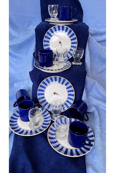 Erbaşlar Love Bird Blue Coffee Side Cup 18 Piece Coffee Cup Set for 6 People, Set