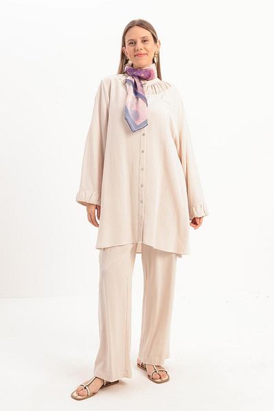 ALLDAY Large Size Linen Trousers Suit with Stone-Crew Detail