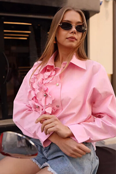 msendam Oversize Wide Fit Floral Appliqued Long Sleeve Women's Stylish Shirt Jacket