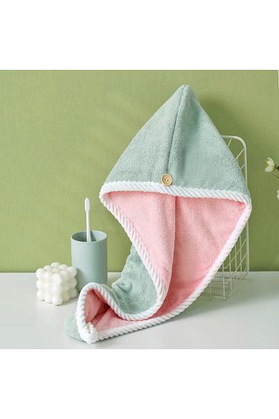 Deliny Turban towel with button for quick hair drying, microfiber, 60 x 24 cm, green