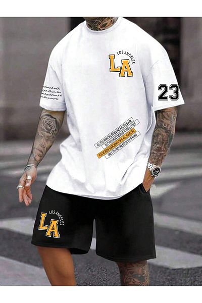 PENTHİLUS Men's Summer Casual Short Sleeve Logo Printed T-Shirt and Shorts Set