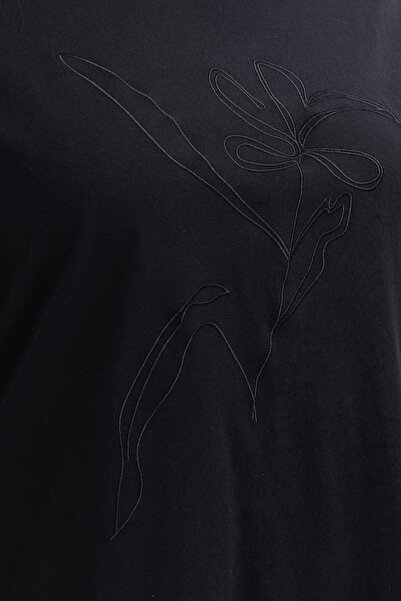 ALLDAY Siyah-Çiçek Nakışlı Uzun Kollu Büyük Beden T-shirt