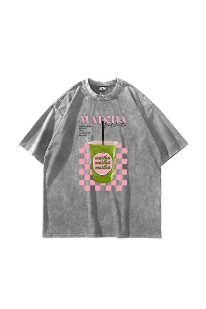 Bak Moda Tricou alb lavabil unisex oversize cu imprimeu Matcha Iced Latte