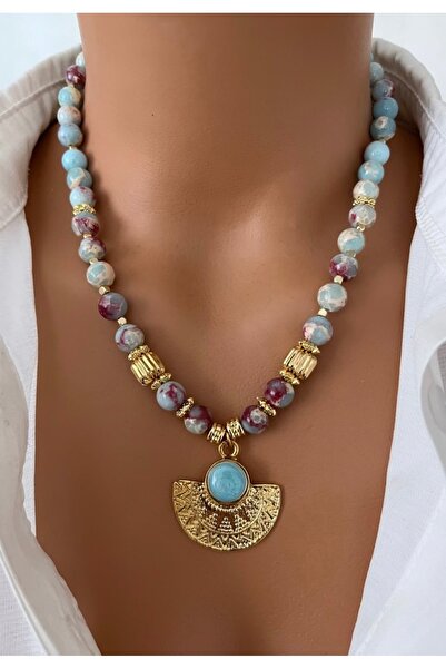 TARZ-I TAKI Doğal Taş Naturel Gök Mavi Varasit Taşı Altın Kaplama Kolye Ucu Tasarım Kadın Kolye Özel Hediye