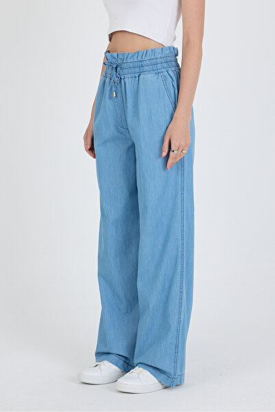 Rodi Beli Lastikli Bol Paça Cepli %100 Pamuk Kadın Kot Pantolon 5031