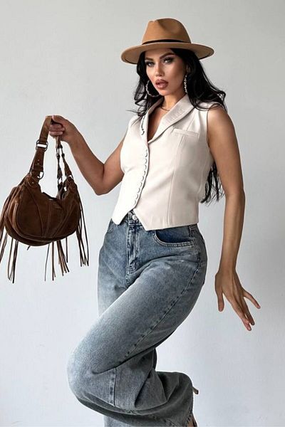 spirituel Women's Vest Short Stylish Button Detailed Jacket Collar Sleeveless Vest