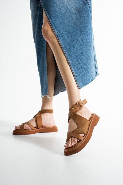 Siena Shoes Jazz Kadın Toka Detaylı Hakiki Deri Sandalet Taba