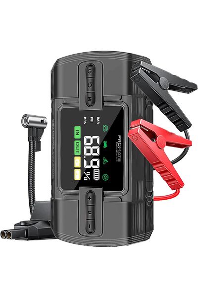 Promate Portable Car Jump Starter with 150PSI Air Compressor, 4-in-1 Electric Air Pump with 12000mAh