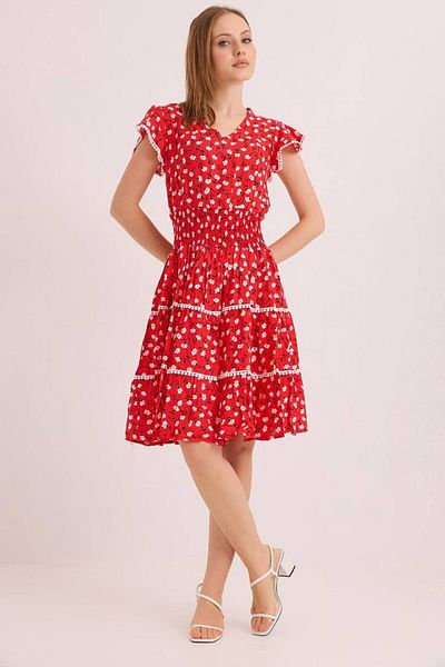 EL jadida Women's Patterned Plus Size Pompom Mini Dress Red