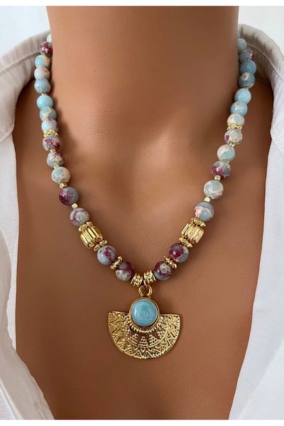 TARZ-I TAKI Women's Natural Stone Natural Sky Blue Heritage Stone Design Necklace