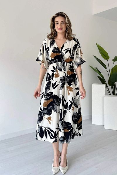 MOZENA Elastic Waist Floral Patterned Seersucker Fabric Midi Length Dress