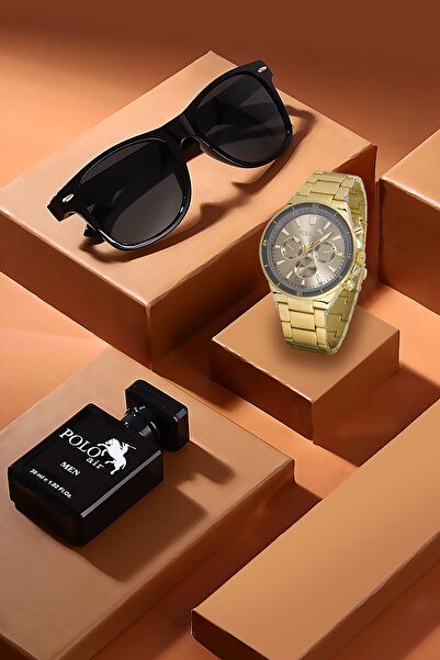 Polo Air Premium Set Kombin Erkek Kol Saati Parfüm Gözlük Set Gold Renk PL-70...