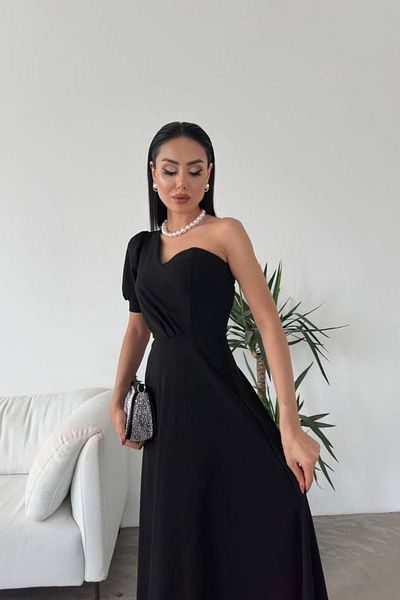 Mossta One Shoulder Balloon Sleeves Long Evening Dress - Black