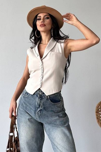 spirituel Women's Vest Short Stylish Button Detailed Jacket Collar Sleeveless Vest