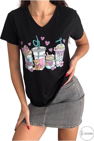 Cassime Tricou negru pentru femei, ursuleț de pluș, inimă, paiete, brodat, cu decolteu în V, 100% bumbac, mărime mare XL-2XL-3XL