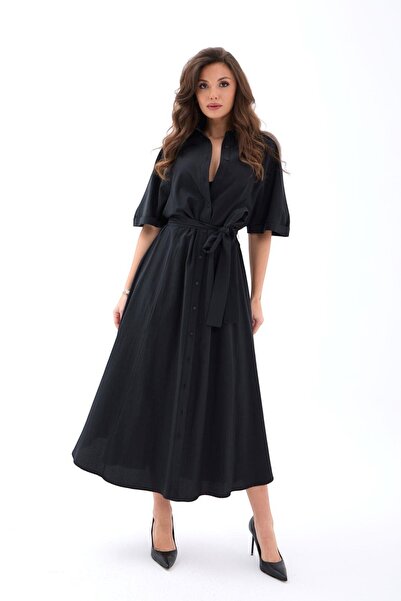 kalben outlet Γυναικείο μαύρο πουκάμισο με ζώνη – Άνετη εφαρμογή, με κουμπί