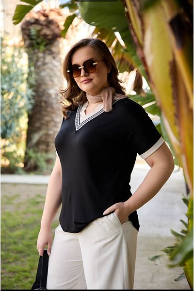 PARKDERİN Plus Size, Soft Textured, Combed Cotton Fabric V-Neck Bluz