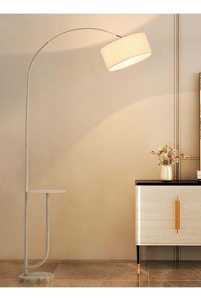 Domuik Modern Design Floor Lamp with Table, Black Lamp Shade with E27 Bulb 12W, Warm Light, Marble