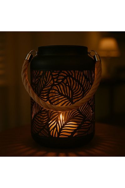 Arti Casa Decorative metal lantern with abstract leaf pattern and rope handle, 17 cm, Arti Casa
