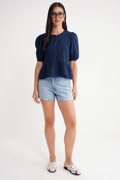 Mixray 4713 Women's Gathered Waist Sleeve Elastic Loose Muslin Blouse Navy Blue