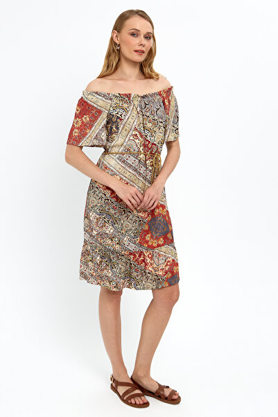 Ground Pepper Madonna Yaka Desenli Diz Boy Elbise