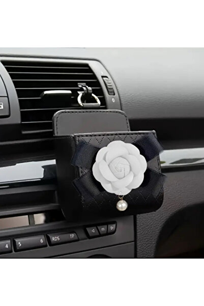 So Iconic 1 buc. Accesoriu de depozitare auto din piele PU neagră cu flori de camelie albă / Accesoriu pentru interiorul vehiculului