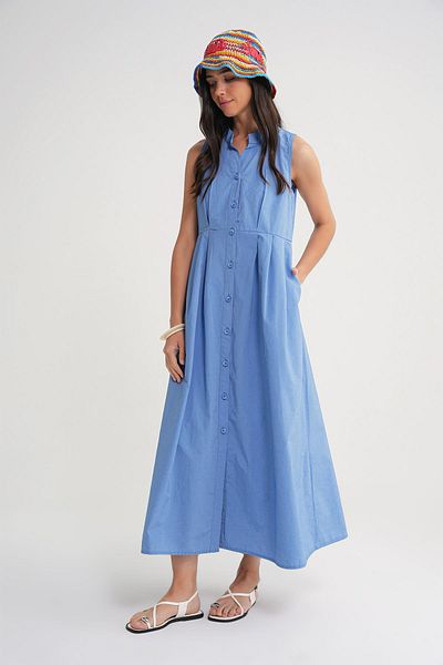 Mixray 4702 Women's Pleated Shirt Dress Blue