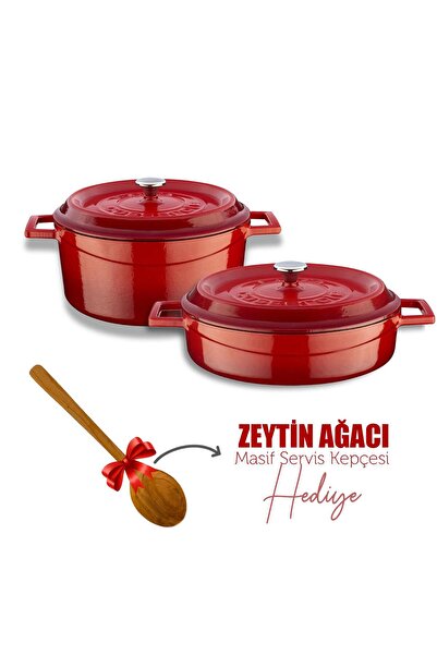 Organik Hayat Dostu Lava Casting Round Deep and Shallow 5 Piece Pot Set with Wooden Spoon Gift