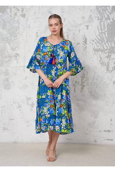 EL jadida Women's Patterned Authentic Plus Size Midi Dress Indigo