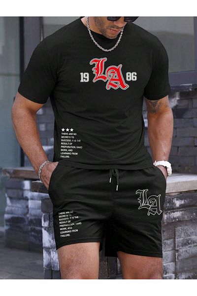 LUNAVISTA Plus size letter Printed short sleeve t-shirt and casual summer shorts 2 pieces set