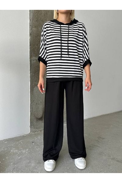 Bleu Petite Black and White Striped Viscose Fabric Double Suit