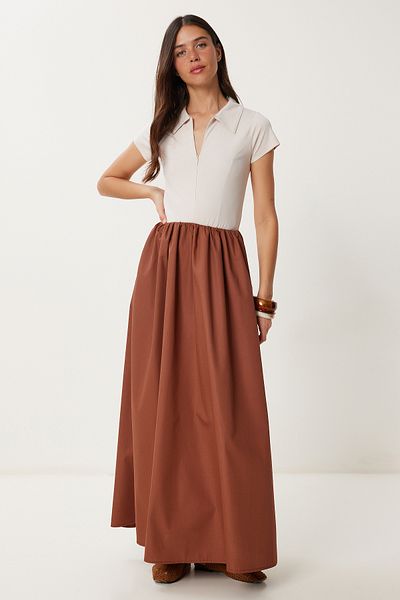 Lovelyİstanbul Stretch Knitted Top and Poplin Skirt Dress Cinnamon Cream Lfn0099