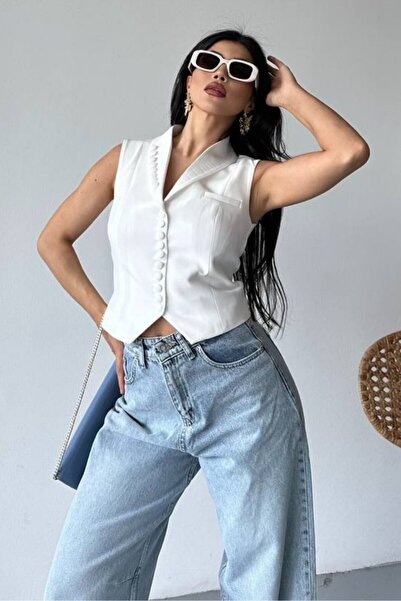 spirituel Γυναικείο γιλέκο Κοντό κομψό κουμπί Λεπτομερές μπουφάν γιακά Αμάνικο γιλέκο