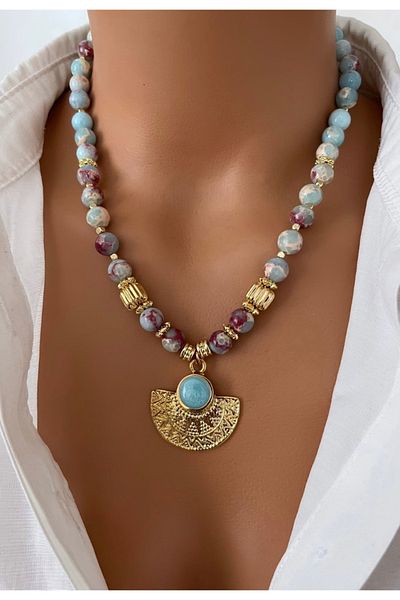 TARZ-I TAKI Women's Natural Stone Natural Sky Blue Heritage Stone Design Necklace